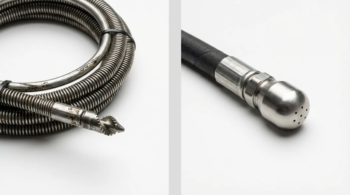 Drain snake cable and hydro jetting nozzle used for drain cleaning in Cleveland, WI