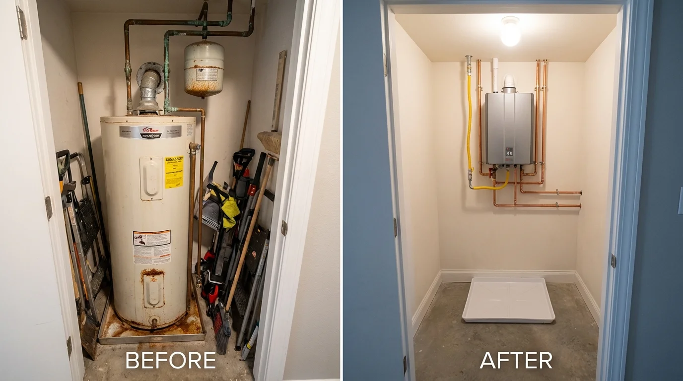 Tank water heater versus wall-mounted tankless unit comparison for Cleveland, WI homeowners