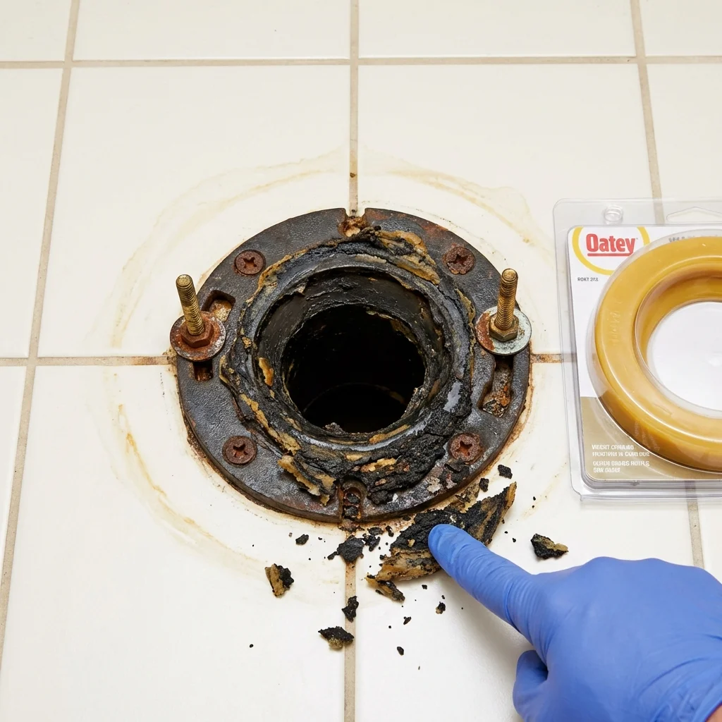 Failed wax ring showing water seepage at the base of a toilet in a Cleveland, WI home