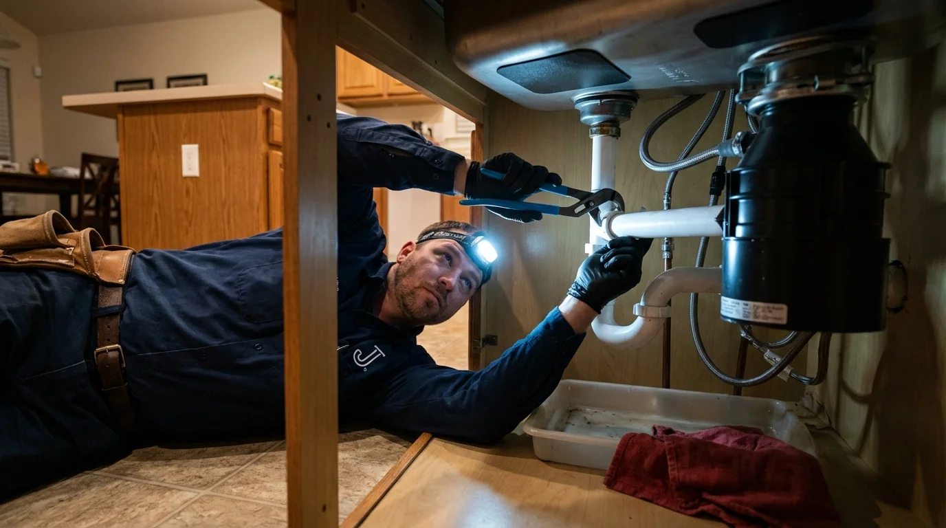 P-trap and supply line connections under a kitchen sink showing a common leak point in Cleveland, WI